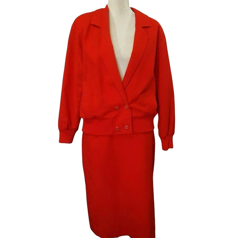 Lilli Ann Skirt Suit Womens M Red 80s Vintage Bomber Jacket Pencil Skirt ILGWU